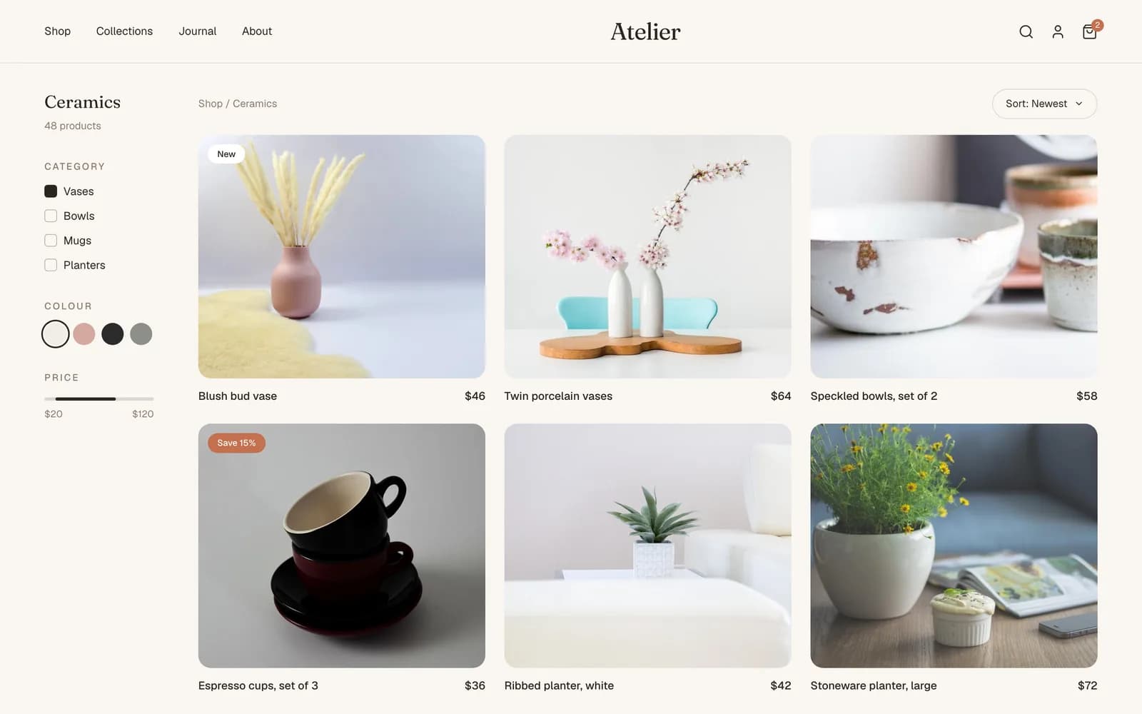Atelier ceramics collection page with category, colour and price filters
