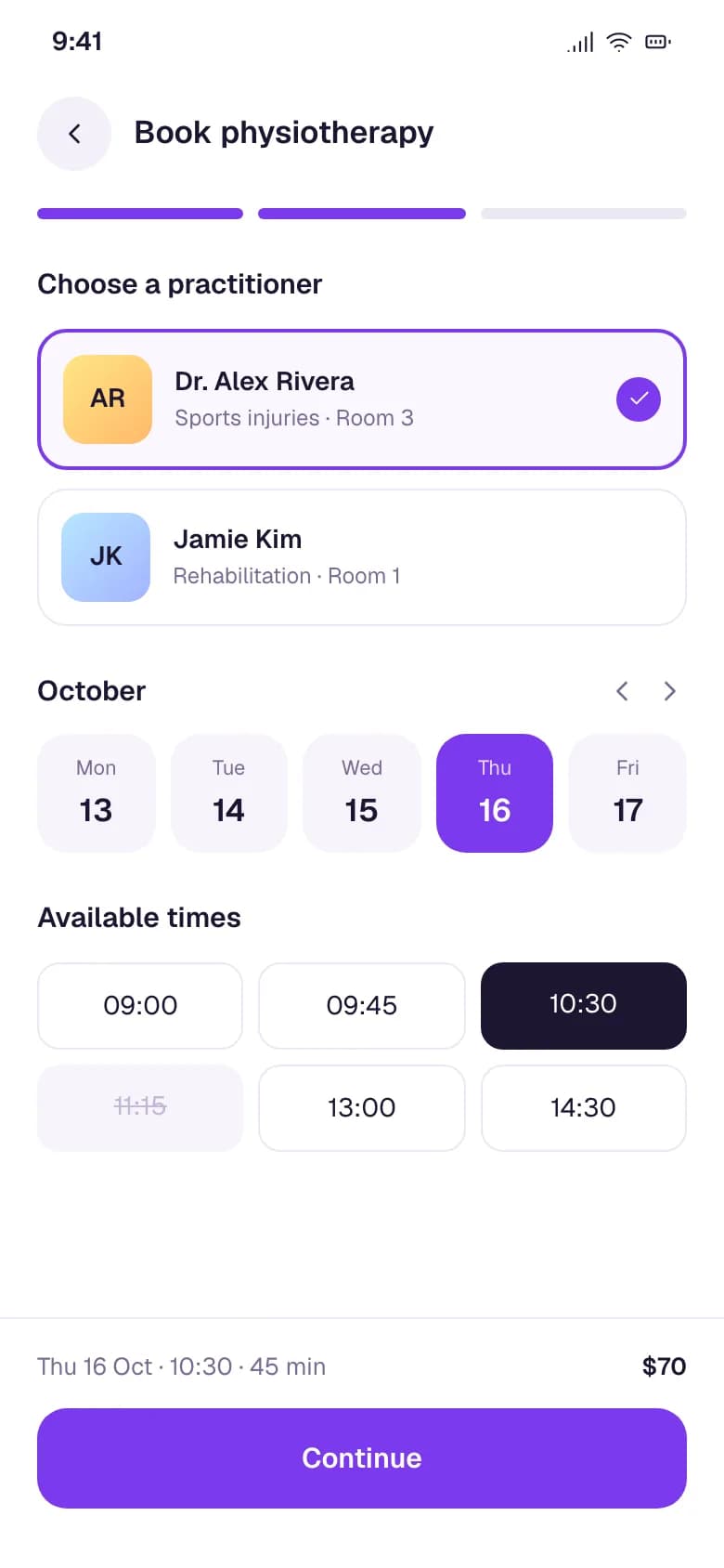 ClinicFlow booking screen for choosing a practitioner, date and time slot