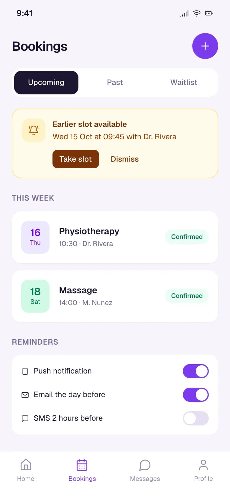 ClinicFlow bookings screen with an earlier-slot offer, upcoming appointments and reminder settings