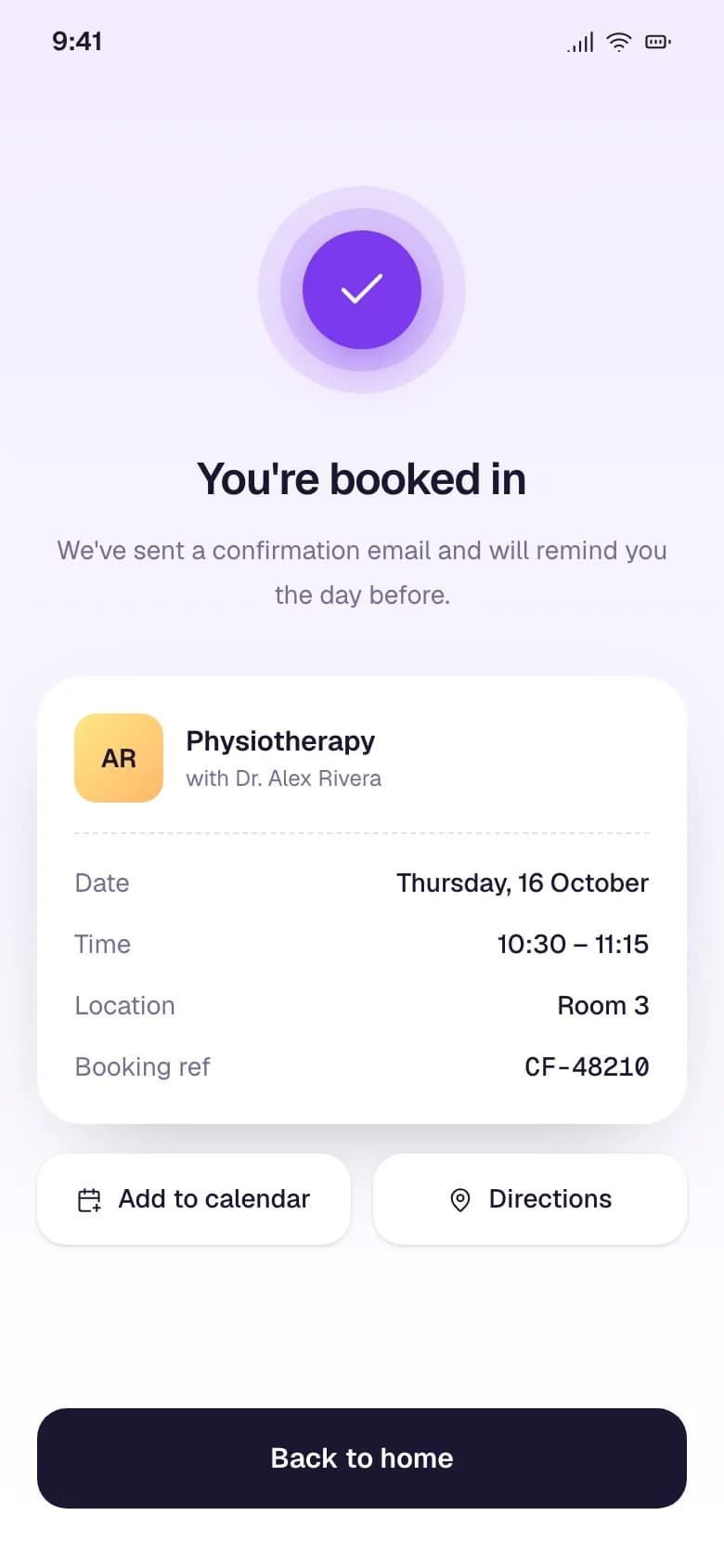 ClinicFlow booking confirmation screen with appointment details