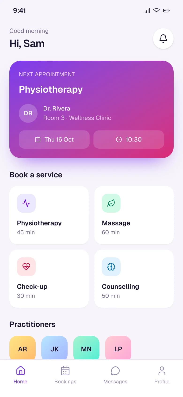 ClinicFlow app home screen with the next appointment card and services to book
