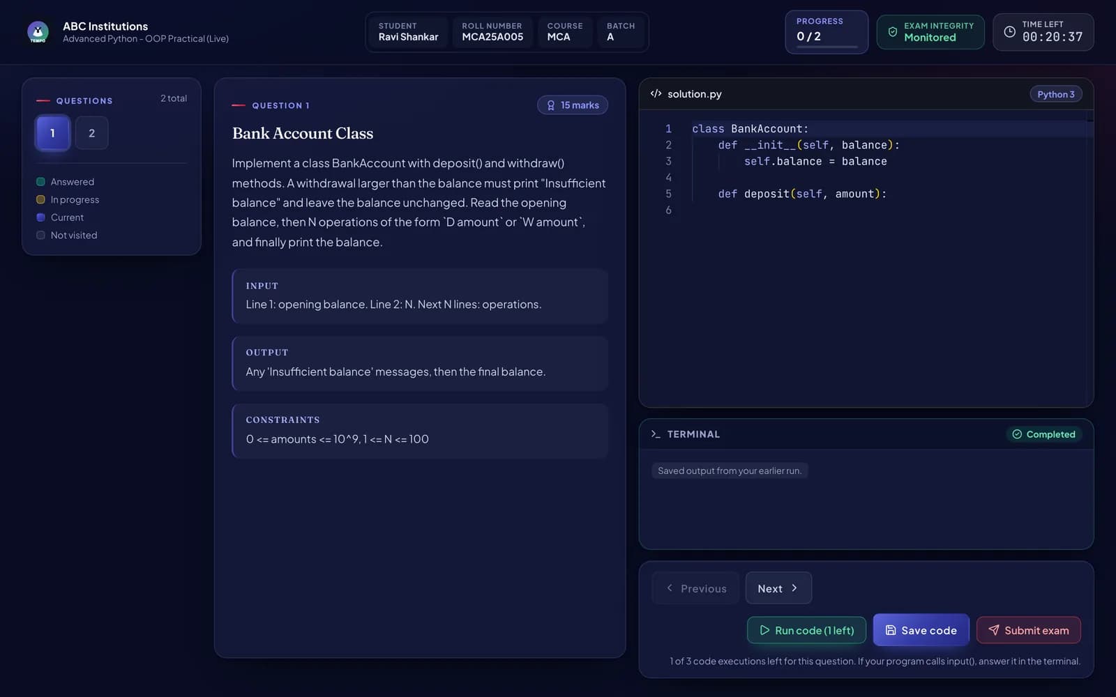 Student exam workspace with the question on the left, a Python code editor, a terminal, a countdown timer and Run, Save and Submit buttons