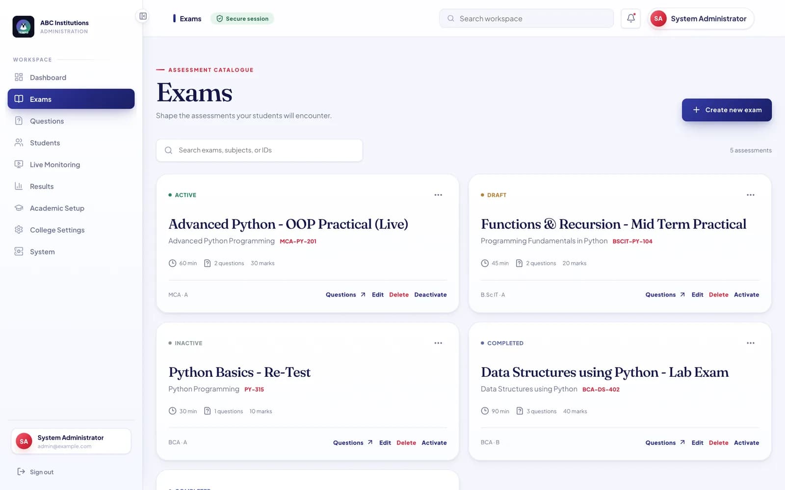 Exam catalogue with active, draft, inactive and completed exams, each with duration, questions and marks