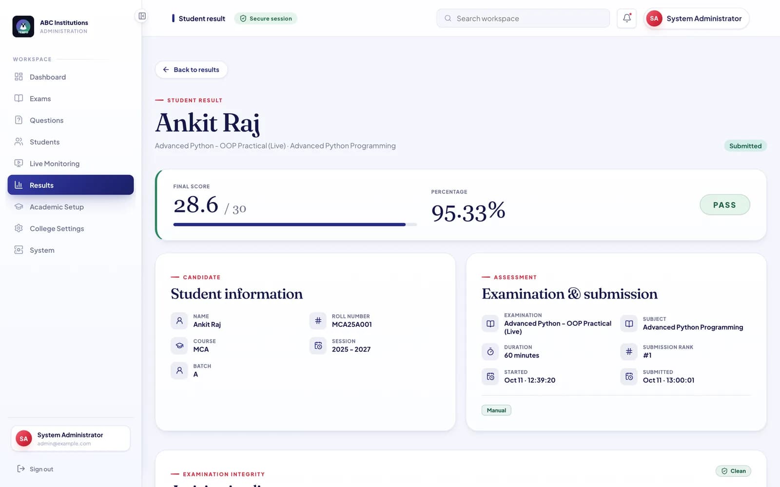 Individual student result with final score, percentage, pass status and submission details