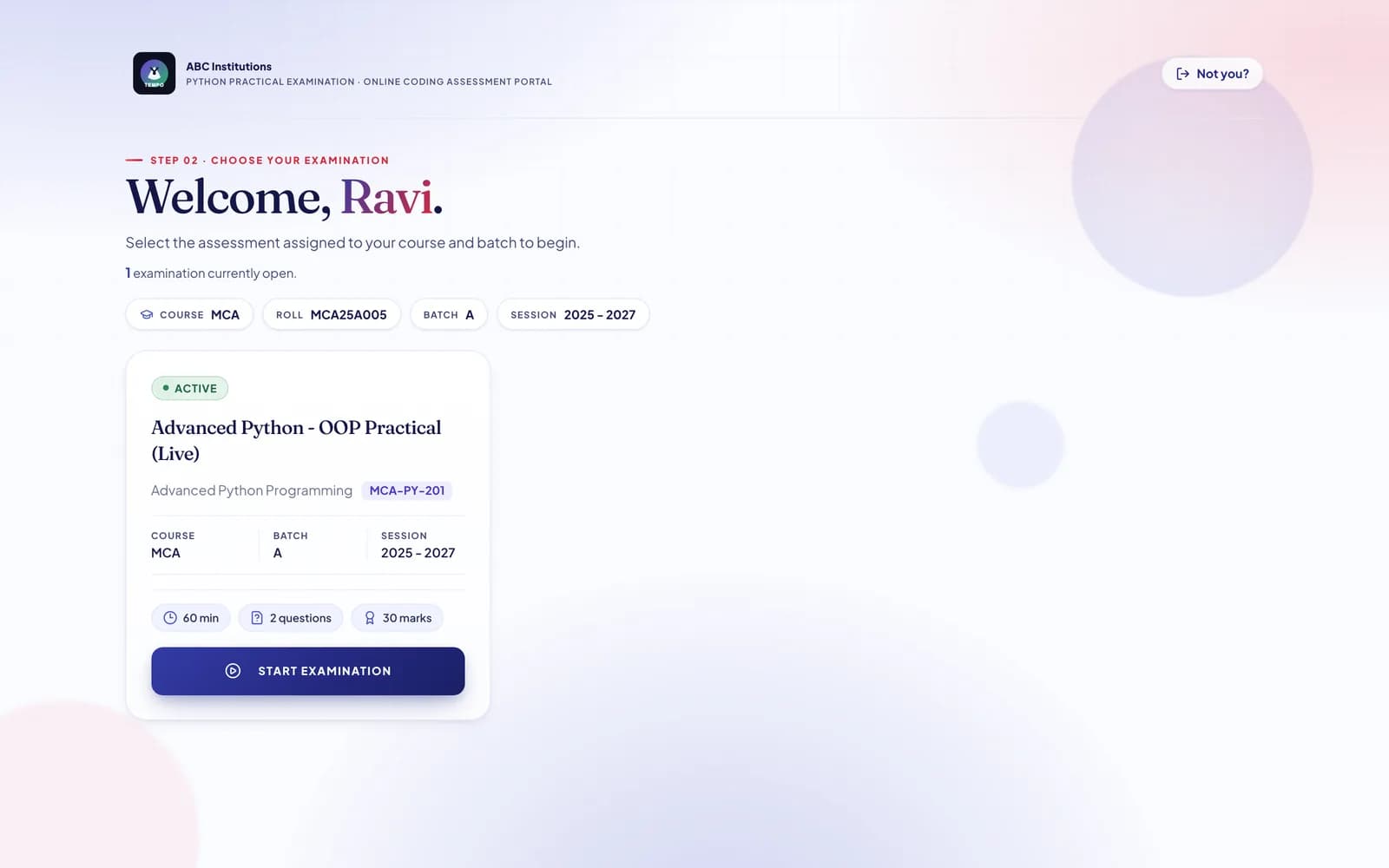 Exam selection page showing the active exam assigned to the student's course and batch