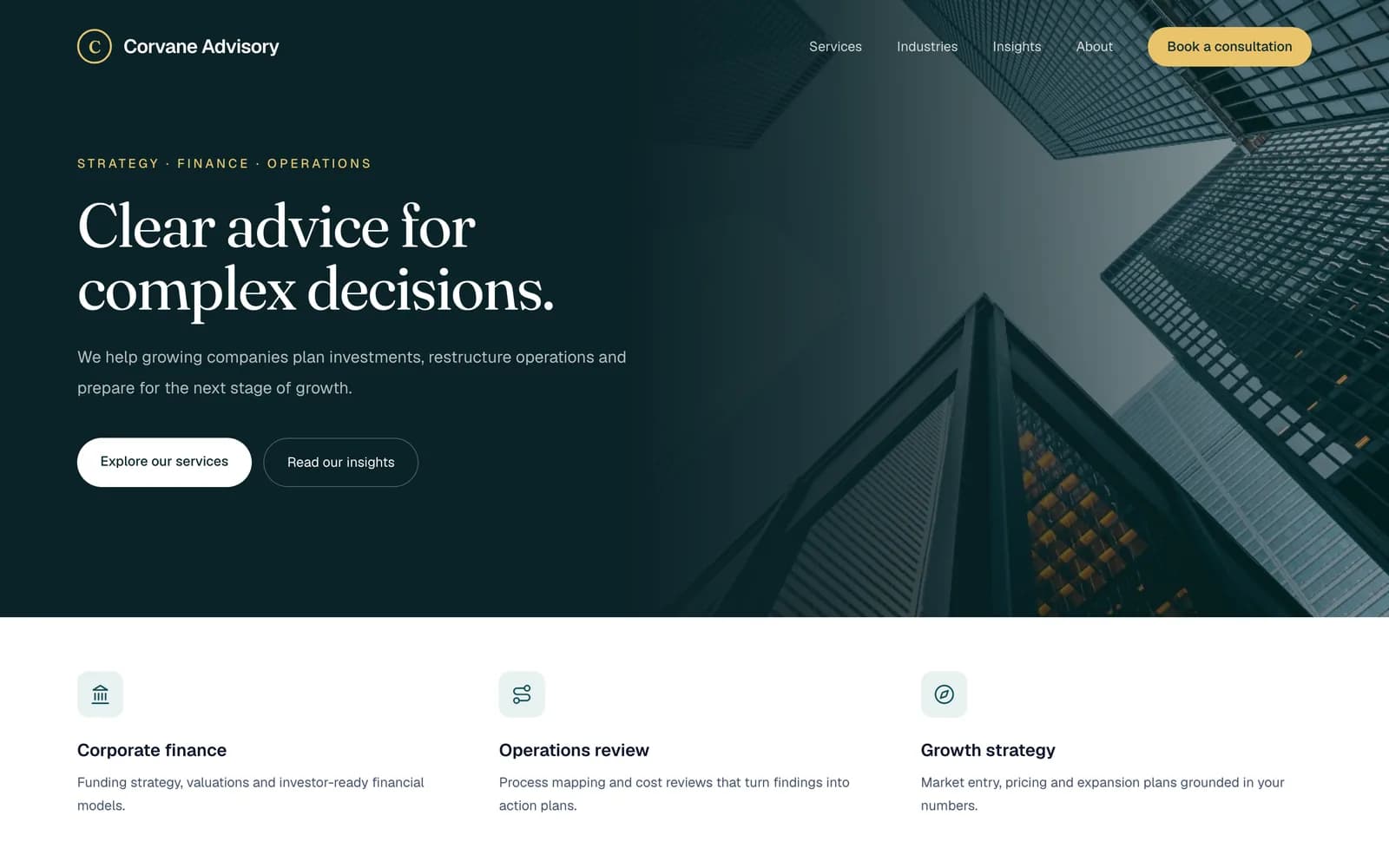 Corvane Advisory corporate website hero with headline, call-to-action buttons and city skyline illustration